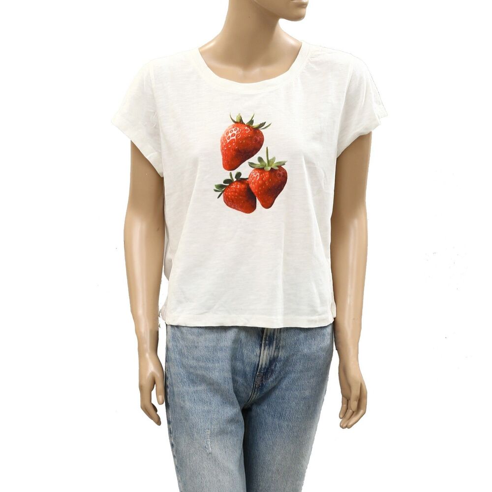 By Anthropologie Graphic Baby Tee Blouse Top Strawberry Cotton White XL 286483 - Picture 3 of 7